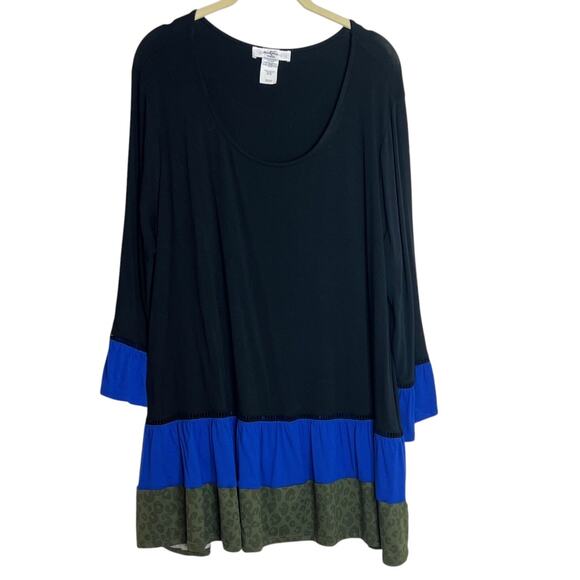 Moa Moa Womens Knit Tunic Size 1X Black Blue Green Animal Print Color Block - Picture 1 of 4